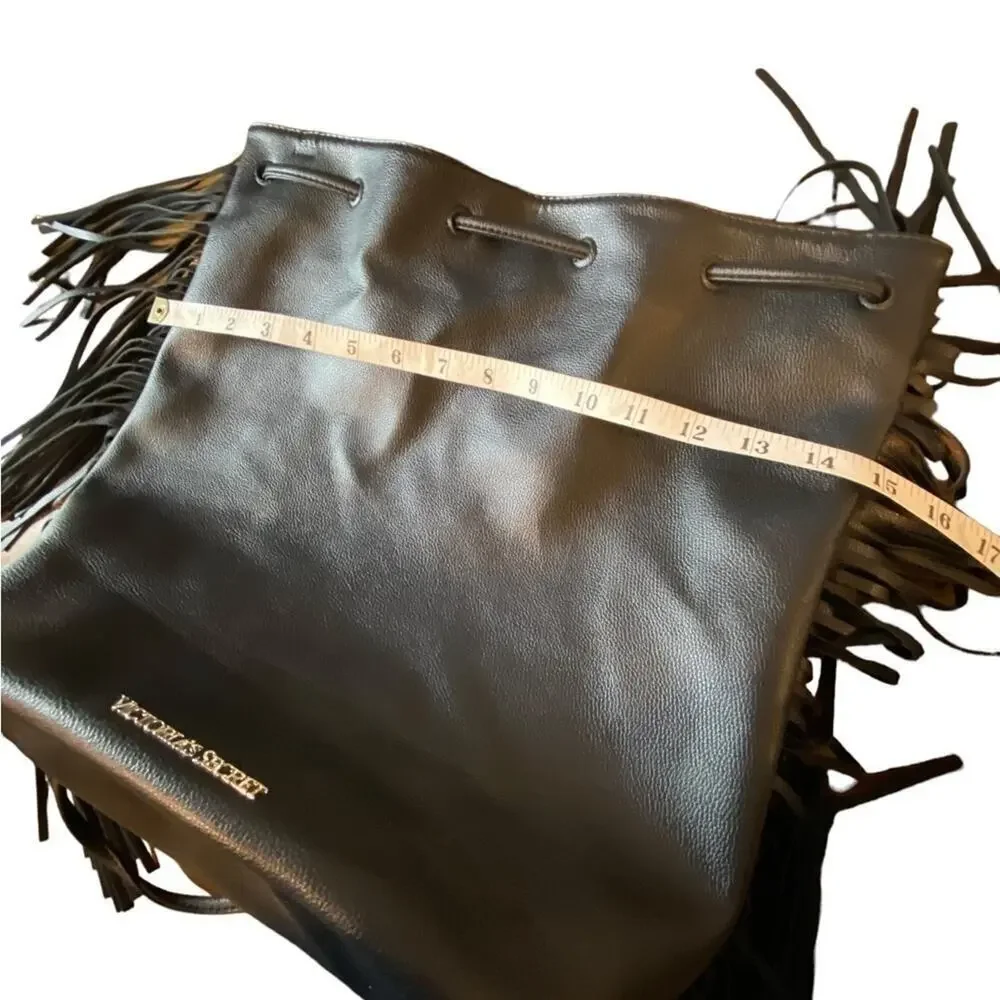 Victoria's Secret Black Faux Pebbled Leather Fringe Bucket Bag
